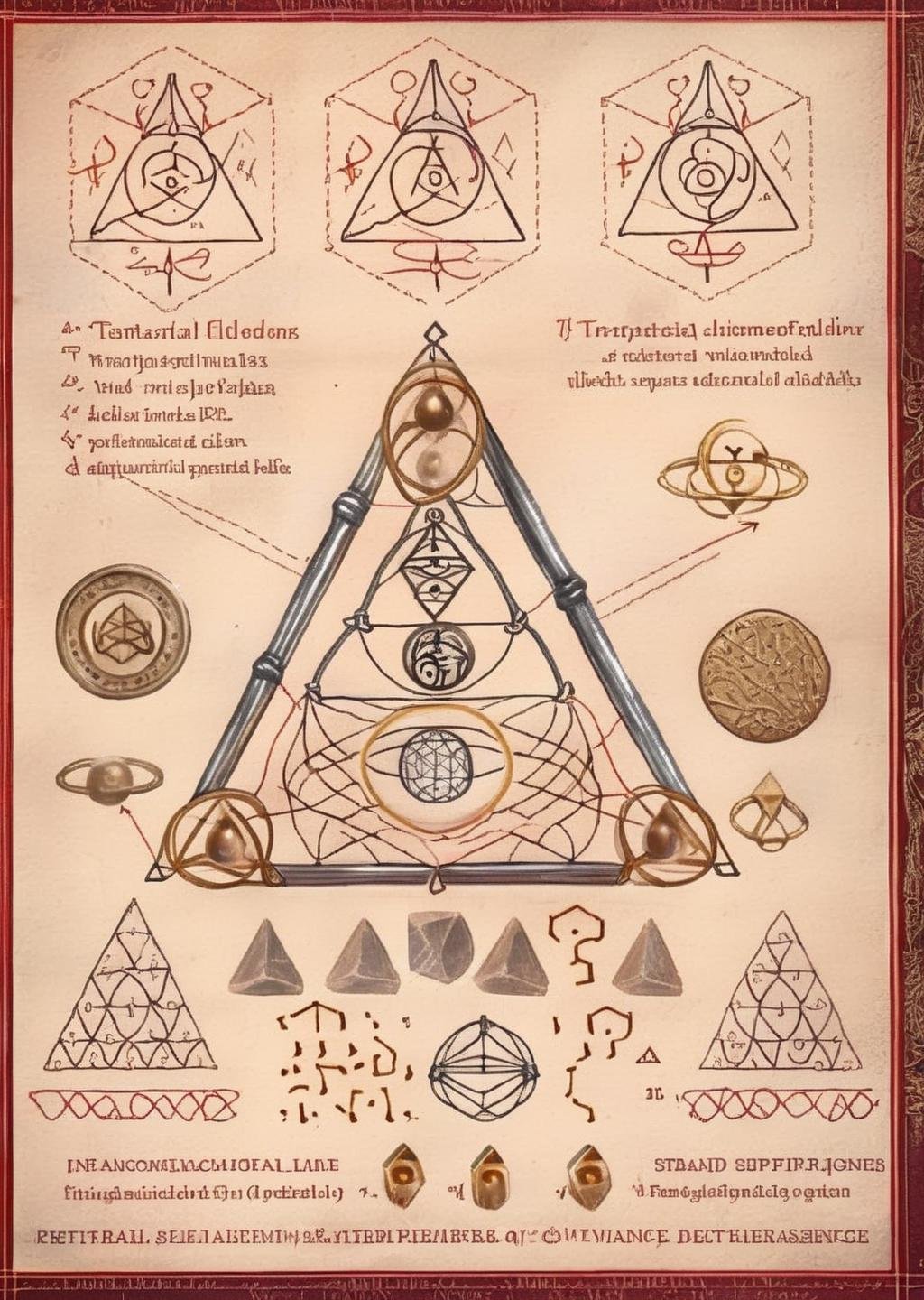 Arcane Alloys: Gilded tetrahedrons adorned with ethereal sigils, UFOs transmute earthly elements into otherworldly quintessence, forging astral keys.<lora:UFO_Alchemy_sdxl:1.0>