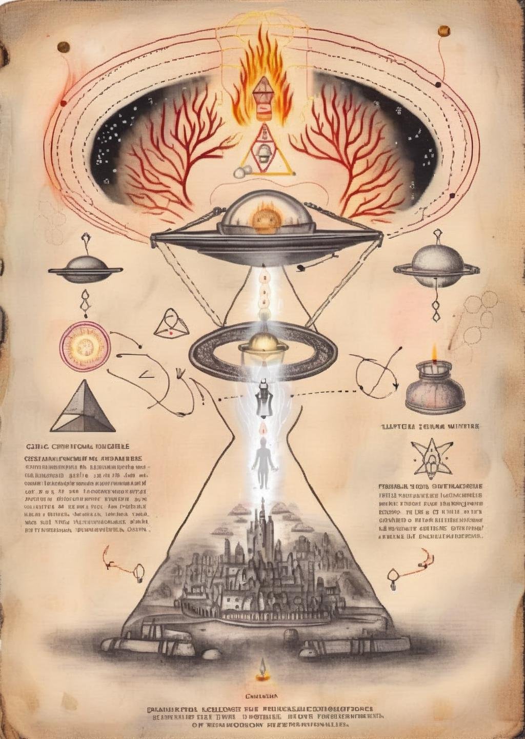 Cosmic Transmutation: UFOs hover within alchemical crucibles, catalyzing spiritual metamorphosis with astral fire and primordial essence.<lora:UFO_Alchemy_sdxl:1.0>