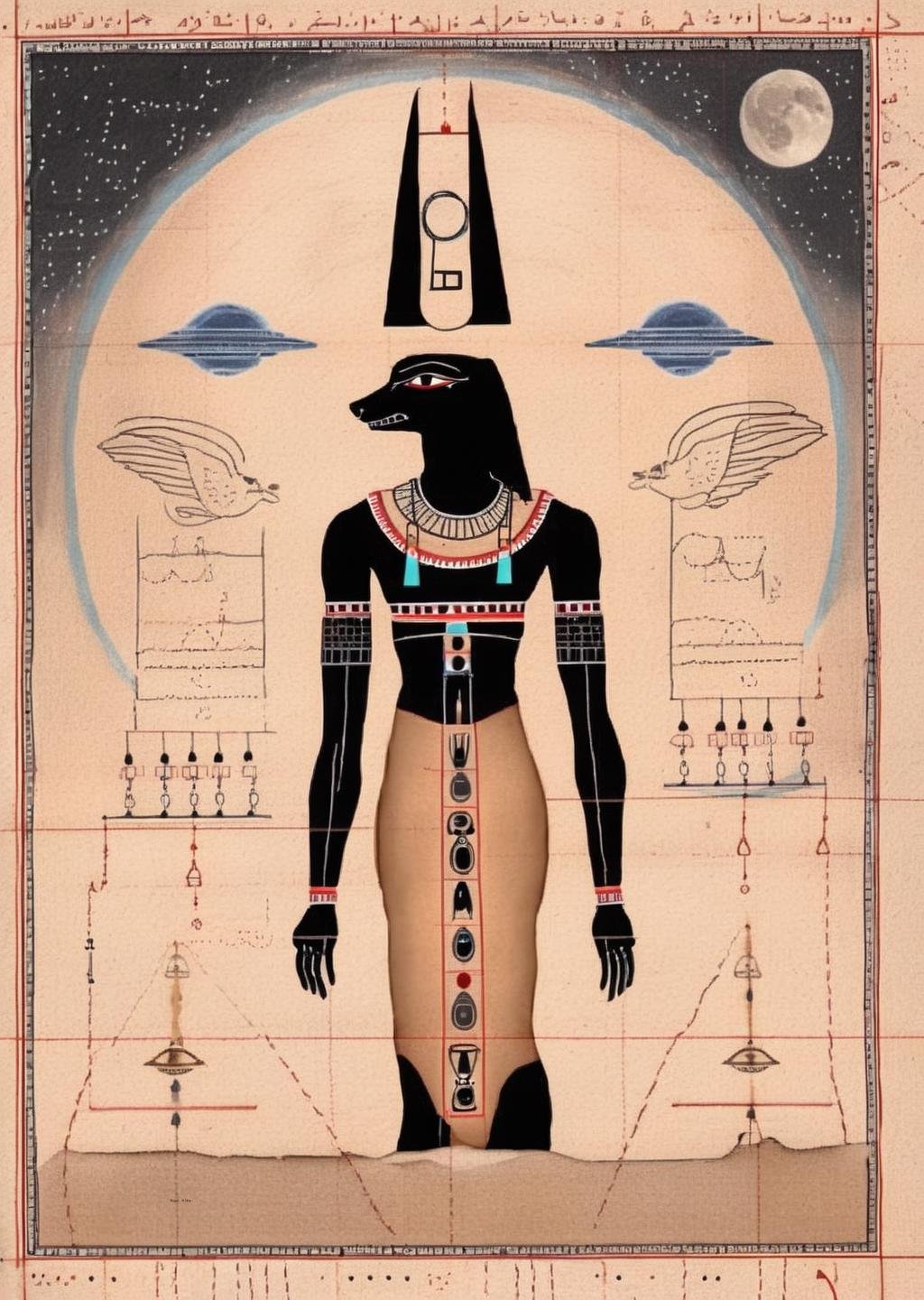 Lunar Anubis Guardians: UFOs guarded by lunar Anubis spirits patrol Egypt's skies, safeguarding cosmic secrets as they interweave with arcane lunar energies.<lora:UFO_Alchemy_sdxl:1.0>