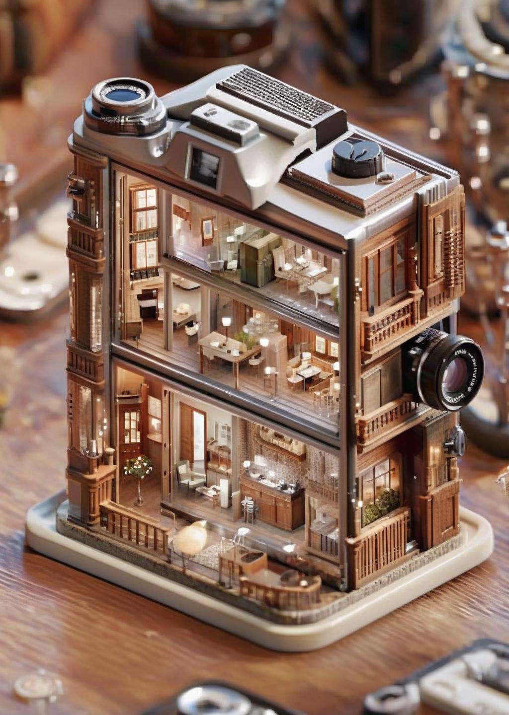 a miniature of a model of a house inside a The sensor of a digital camera captures light's delicate ballet, turning moments into a microcosm of memories. , incredibly detailed, a microscopic photo, photorealism<lora:Microverse_Creator_sdxl:1.0>