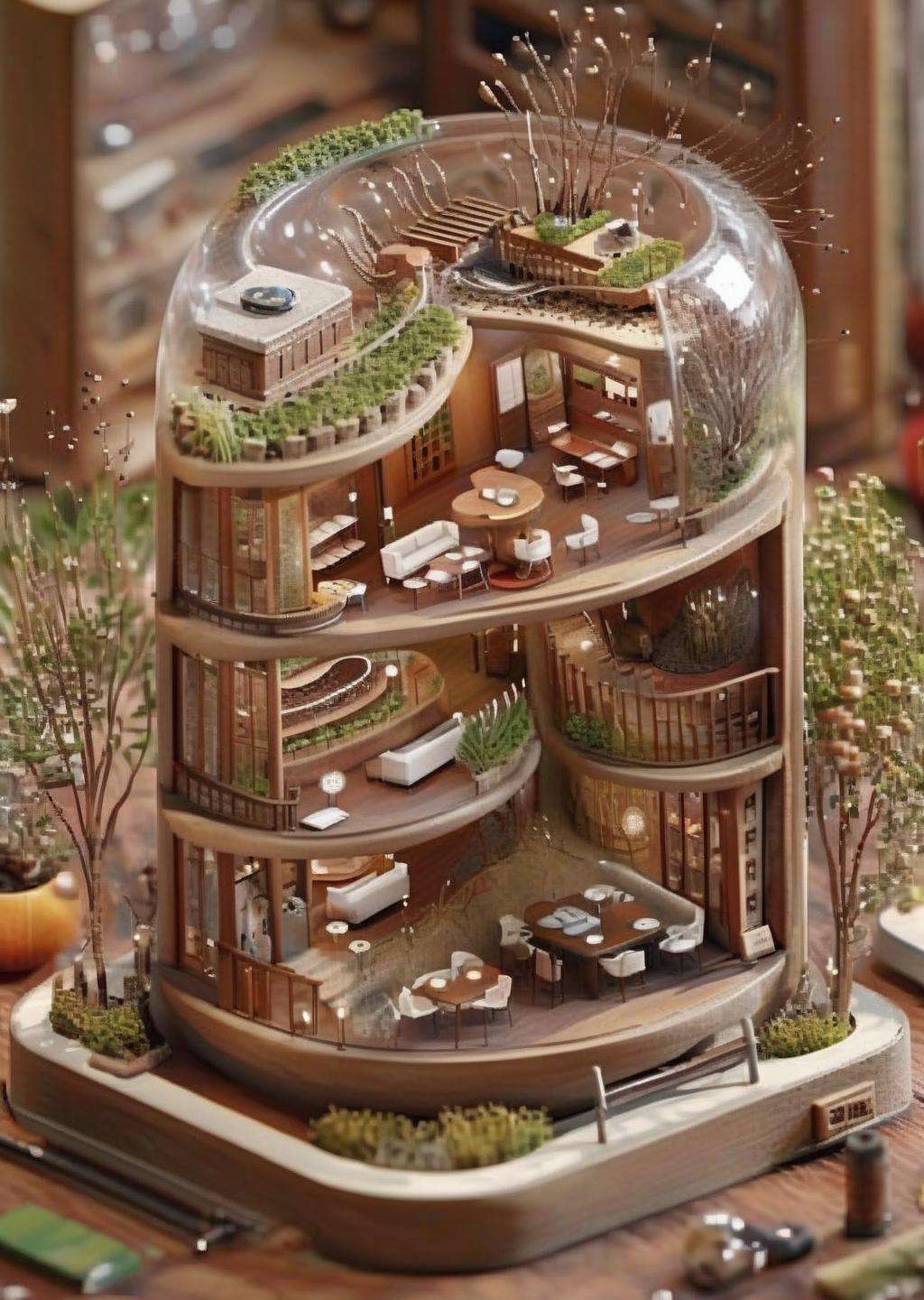 a miniature of a model of a house inside a Inside a seed, the promise of life unfolds in a microscopic realm, as roots stretch and shoots reach for the sky. , incredibly detailed, a microscopic photo, photorealism<lora:Microverse_Creator_sdxl:1.0>