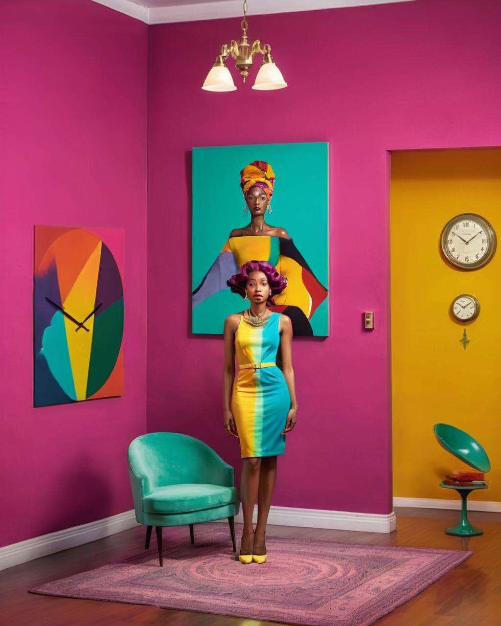 a woman with a necklace and earrings on is standing in a room with a chair and a clock on the wall, Chinwe Chukwuogo-Roy, complementing colors, a photorealistic painting, by Anita Beryl , jade color scheme , fashion photography<lora:Color_Fashion_sdxl:1.0>