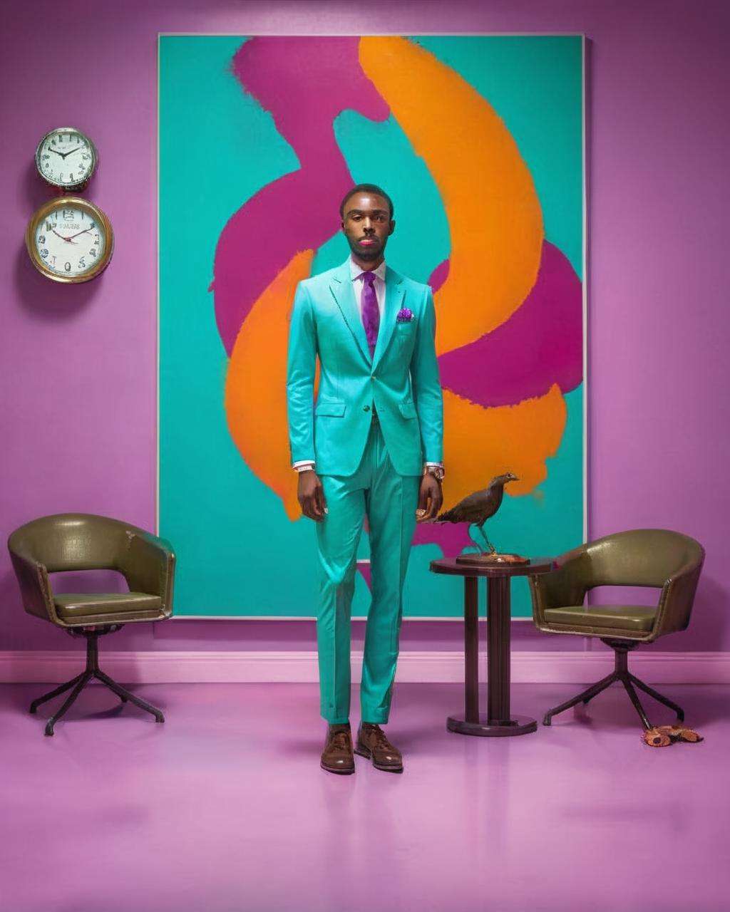 a man in a suit and tie poses for a picture is standing in a room with a chair and a clock on the wall, Chinwe Chukwuogo-Roy, complementing colors, a photorealistic painting, by Melaw Nakehk'o , cyan color scheme , fashion photography<lora:Color_Fashion_sdxl:1.0>