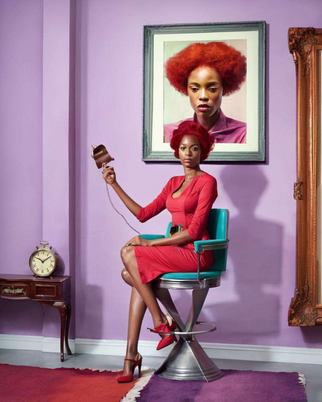 a woman with red hair and a red shirt is standing in a room with a chair and a clock on the wall, Chinwe Chukwuogo-Roy, complementing colors, a photorealistic painting, by Thayaht , platinum color scheme , fashion photography<lora:Color_Fashion_sdxl:1.0>