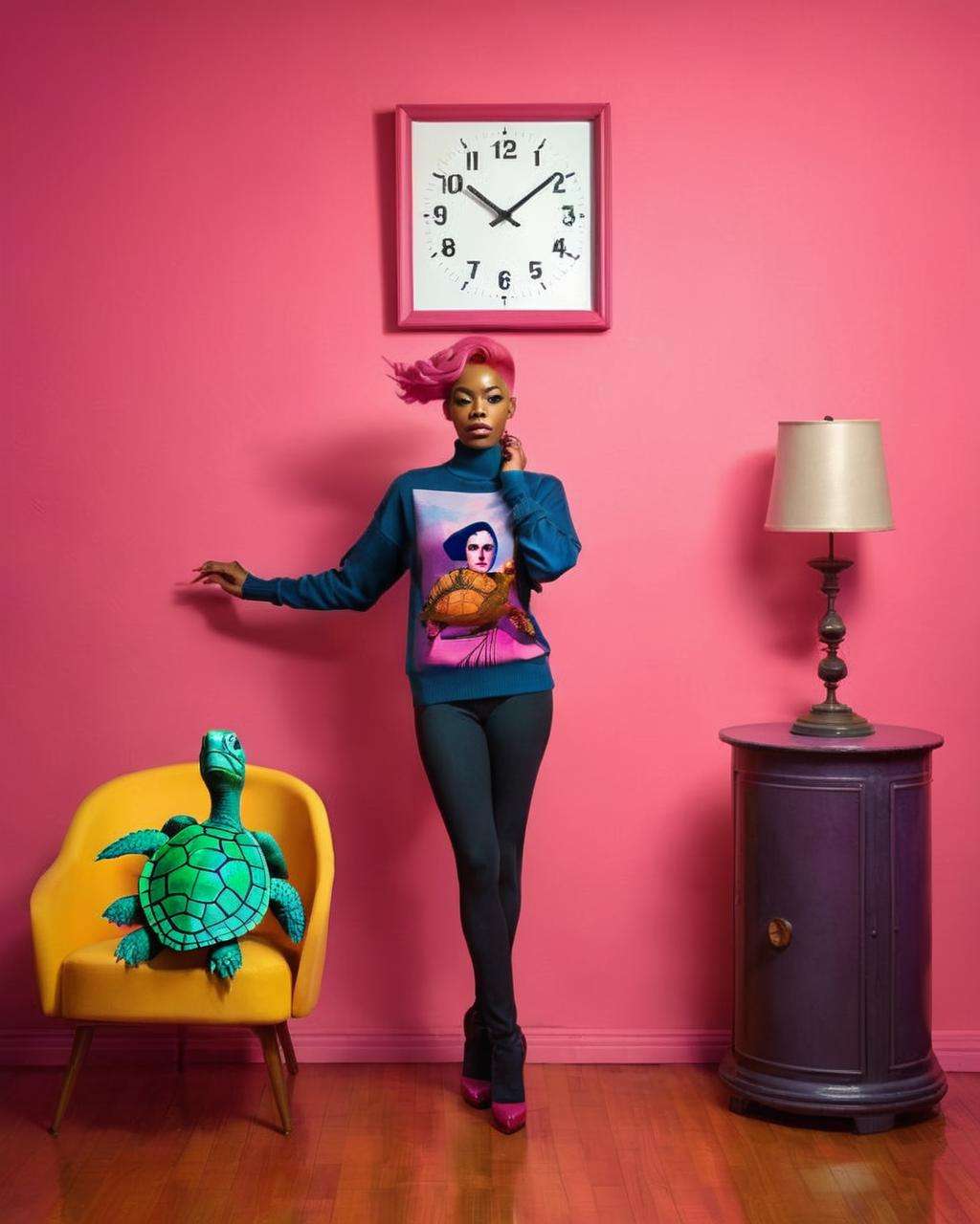 a woman with a pink hair and a turtle neck sweater is standing in a room with a chair and a clock on the wall, Chinwe Chukwuogo-Roy, complementing colors, a photorealistic painting, by Bill Kaiserman , cardinal color scheme , fashion photography<lora:Color_Fashion_sdxl:1.0>