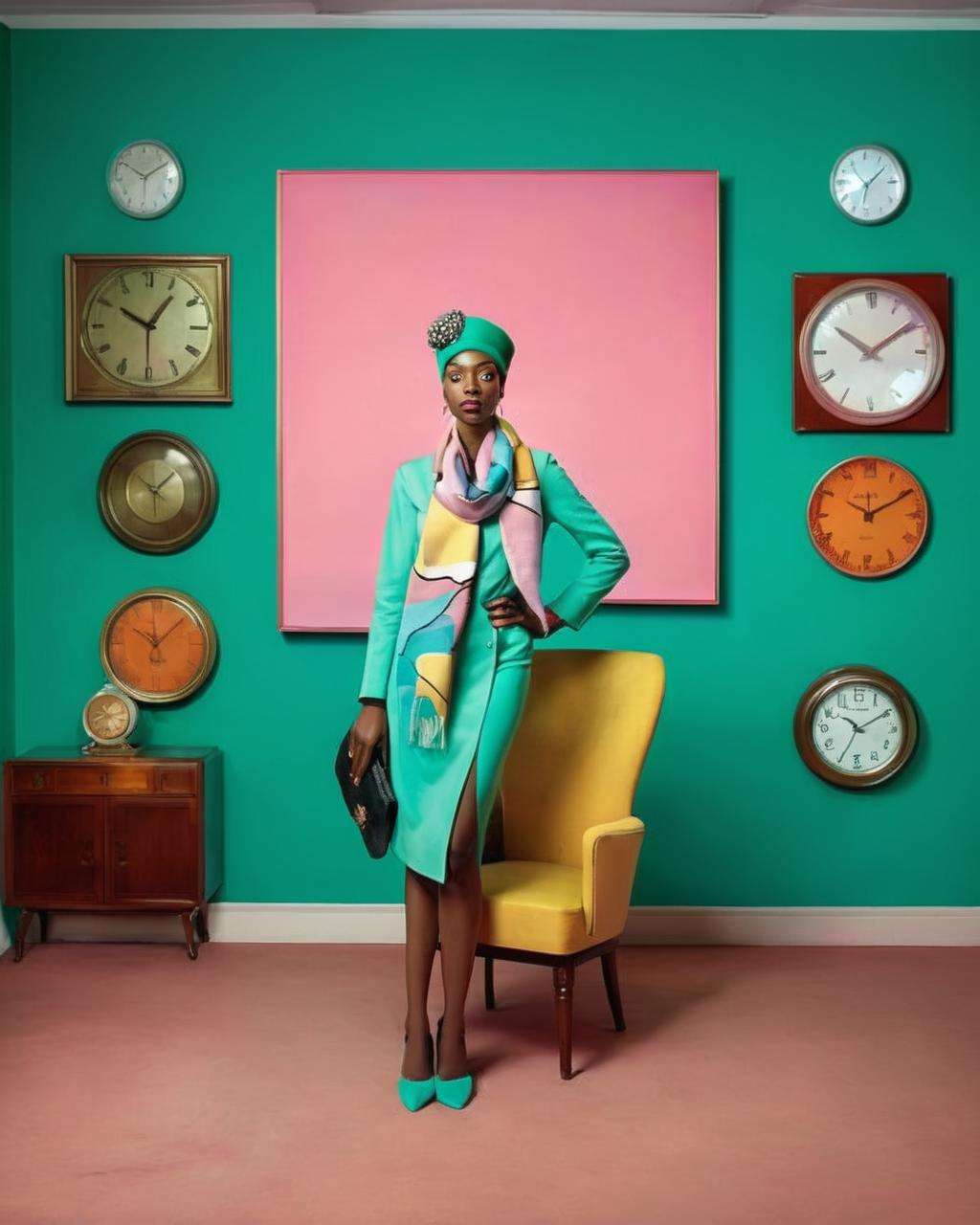 a woman wearing a hat and scarf in multiple pictures is standing in a room with a chair and a clock on the wall, Chinwe Chukwuogo-Roy, complementing colors, a photorealistic painting, by Roksanda Ilincic , sea-green color scheme , fashion photography<lora:Color_Fashion_sdxl:1.0>