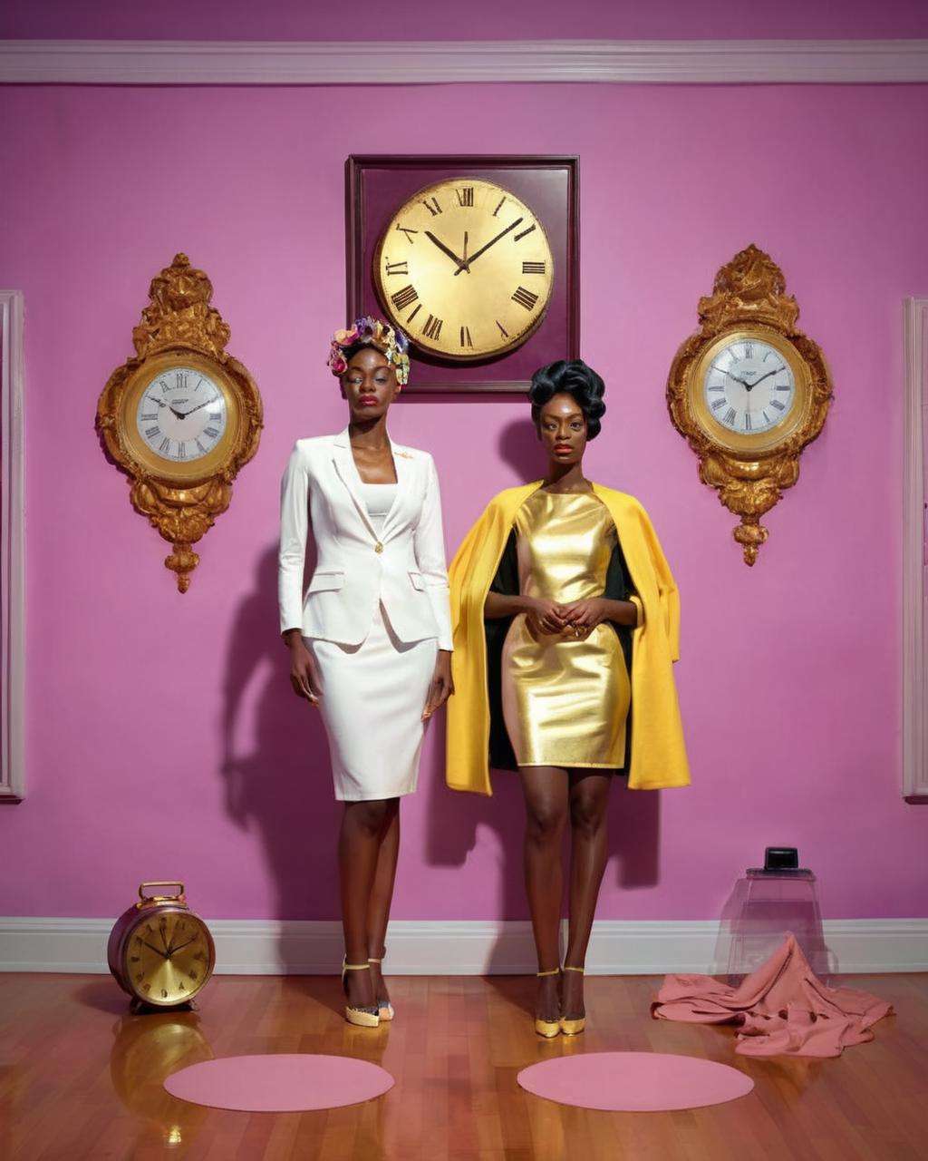 two women in white and gold clothing posing for a picture is standing in a room with a chair and a clock on the wall, Chinwe Chukwuogo-Roy, complementing colors, a photorealistic painting, by Roger Forsythe , heliotrope color scheme , fashion photography<lora:Color_Fashion_sdxl:1.0>