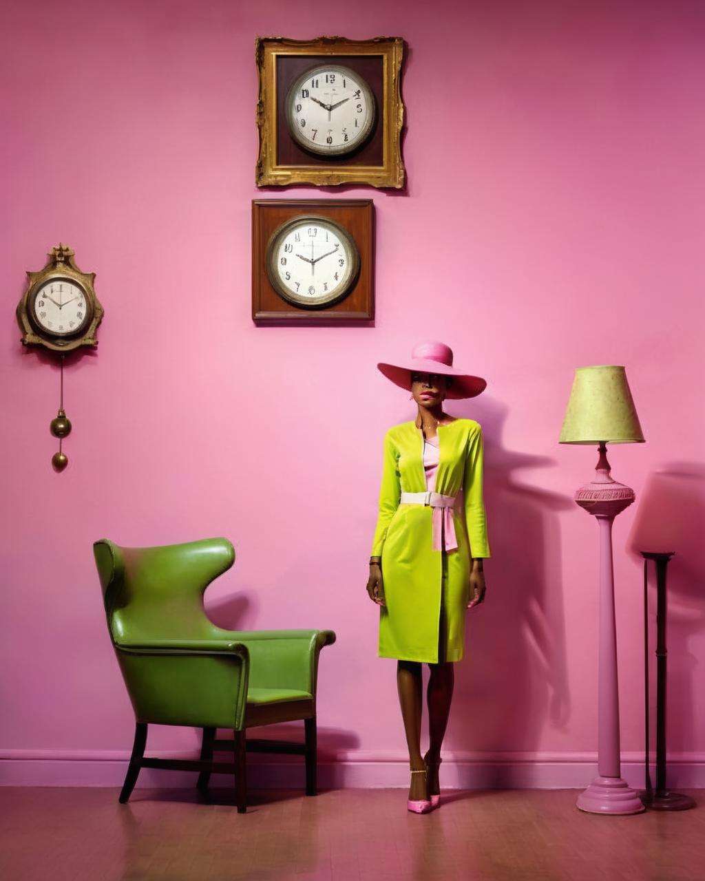 a woman with a pink hat and a pink shirt is standing in a room with a chair and a clock on the wall, Chinwe Chukwuogo-Roy, complementing colors, a photorealistic painting, by Emilio Sosa , chartreuse color scheme , fashion photography<lora:Color_Fashion_sdxl:1.0>