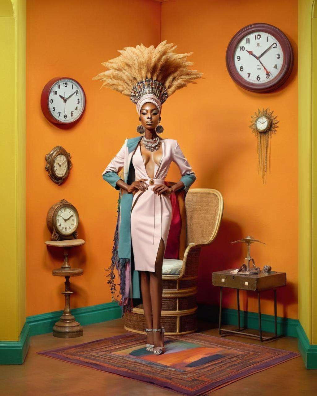 a woman with a headdress and jewelry is standing in a room with a chair and a clock on the wall, Chinwe Chukwuogo-Roy, complementing colors, a photorealistic painting, by Patrick Kelly , wheat color scheme , fashion photography<lora:Color_Fashion_sdxl:1.0>