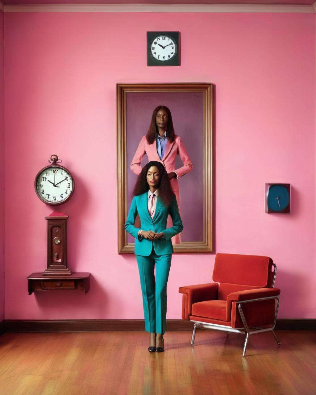 a woman with a very long hair wearing a suit is standing in a room with a chair and a clock on the wall, Chinwe Chukwuogo-Roy, complementing colors, a photorealistic painting, by Julie Skarland , french-rose color scheme , fashion photography<lora:Color_Fashion_sdxl:1.0>