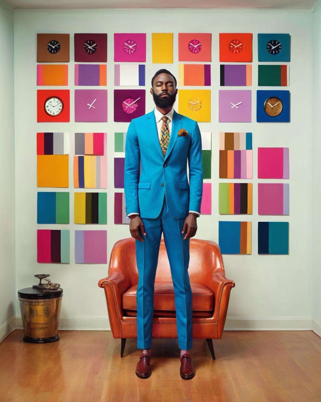 a man with a beard wearing a colorful suit and tie is standing in a room with a chair and a clock on the wall, Chinwe Chukwuogo-Roy, complementing colors, a photorealistic painting, by Malcolm Harrison , white color scheme , fashion photography<lora:Color_Fashion_sdxl:1.0>