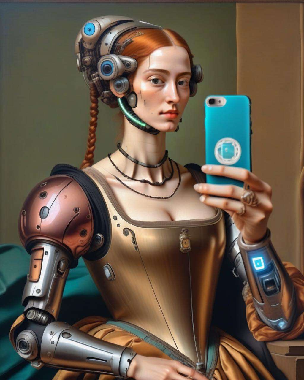 a woman taking a selfie with her phone ((renaissance style)) , cyborg <lora:Modern_Twist_sdxl:1.0>