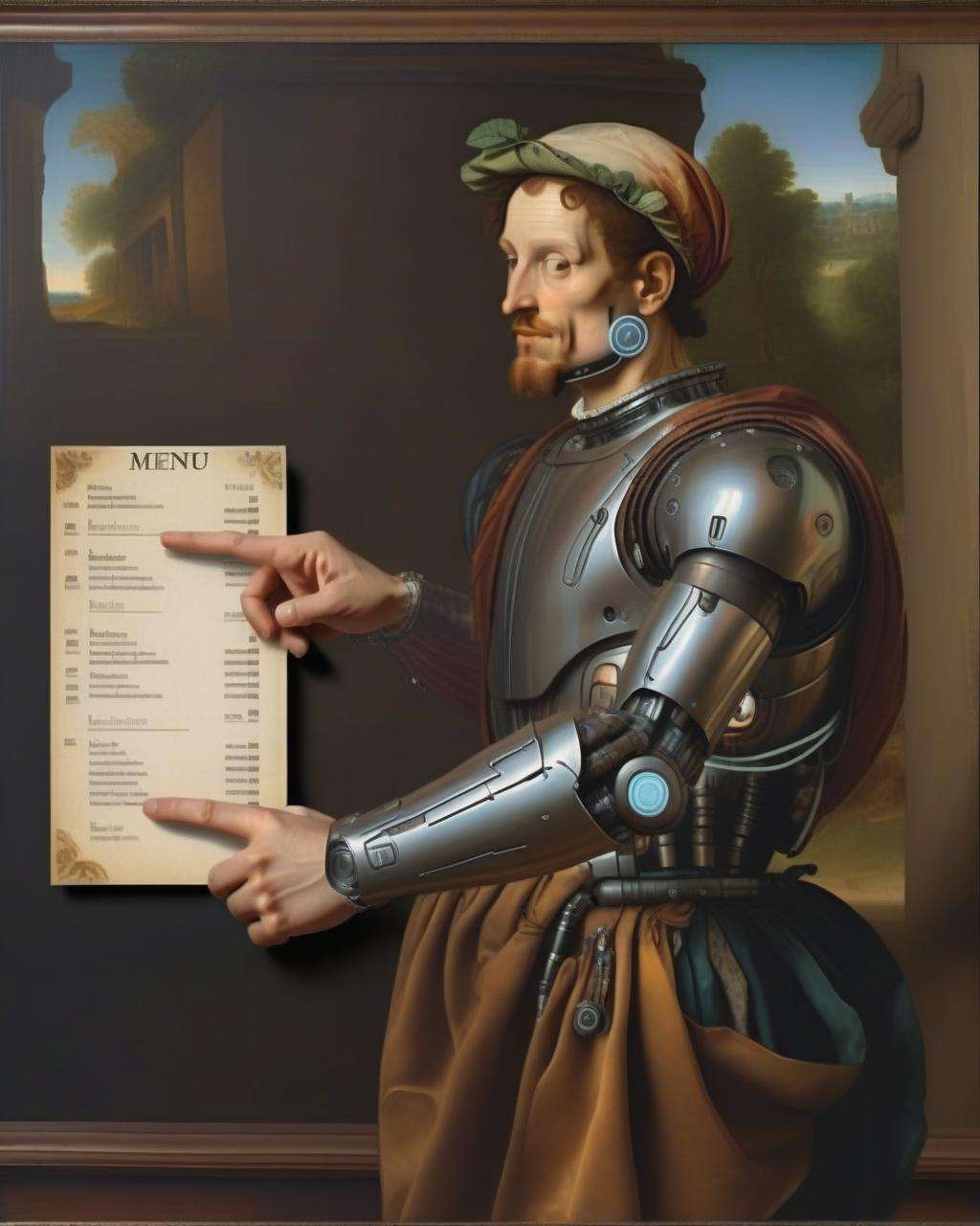 a painting of a man pointing at a menu ((renaissance style)) , cyborg <lora:Modern_Twist_sdxl:1.0>
