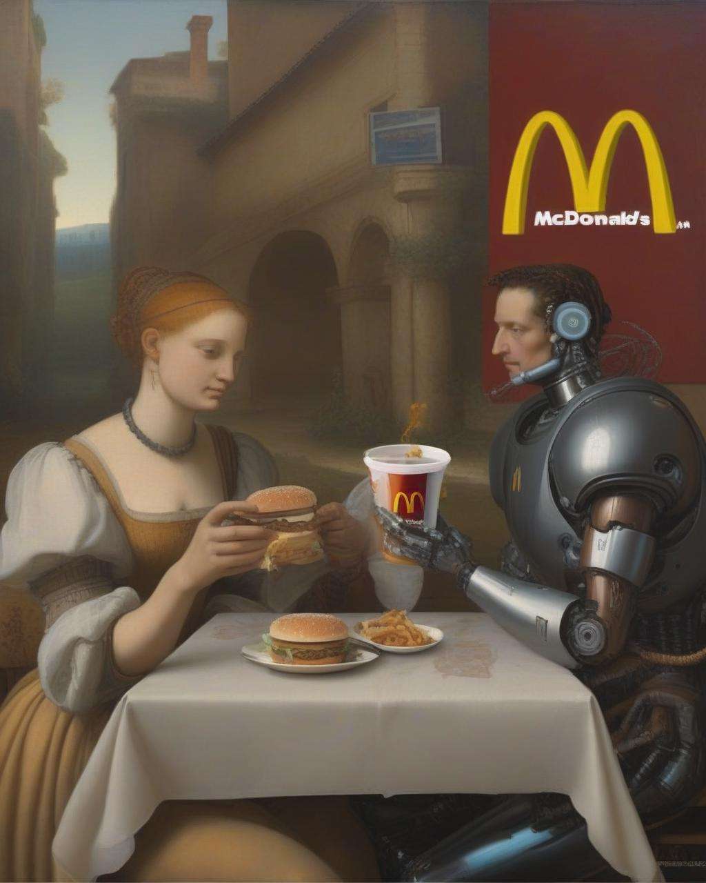 a painting of a couple eating a meal with a mcdonalds sign in the background ((renaissance style)) , cyborg:0.5<lora:Modern_Twist_sdxl:1.0>