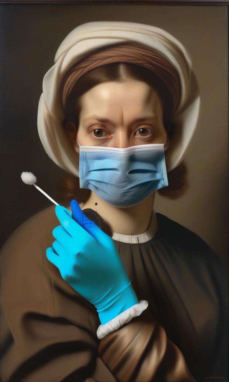 (a woman with surgical mask and gloves holding a cotton swab, )Barent Fabritius, hyper real, a hyperrealistic painting, hyperrealism, ((renaissance style)) , <lora:Modern_Twist_sdxl:1.0>