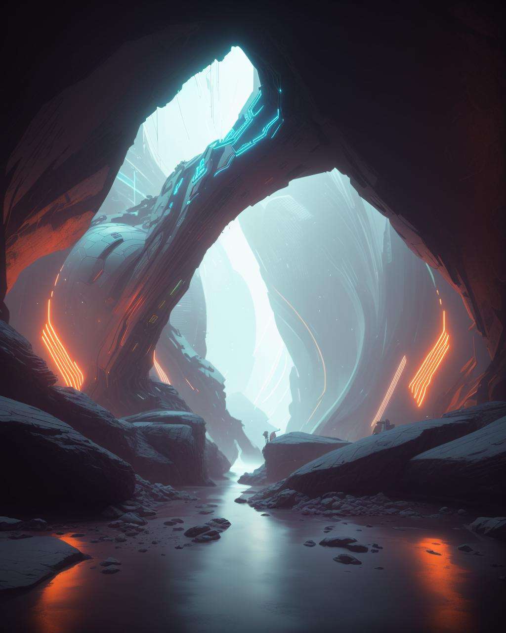 a man standing in a cave with a river running through it , futuristic, 8k, cinematic