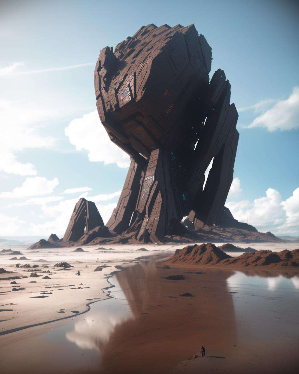 a large rock formation on a beach with a sky background , futuristic, 8k, cinematic