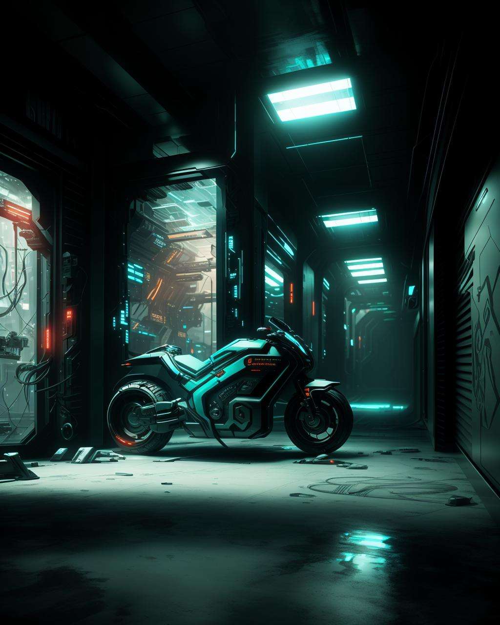 a dark room with graffiti on the walls and a motorcycle parked in the middle , futuristic, 8k, cinematic