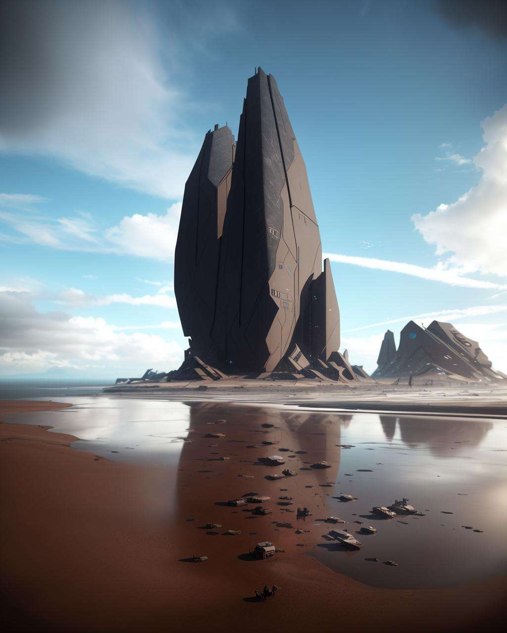 a large rock formation on a beach with a sky background , futuristic, 8k, cinematic