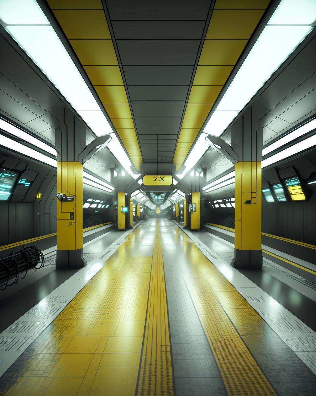 a subway station with a yellow and white line , futuristic, 8k, cinematic