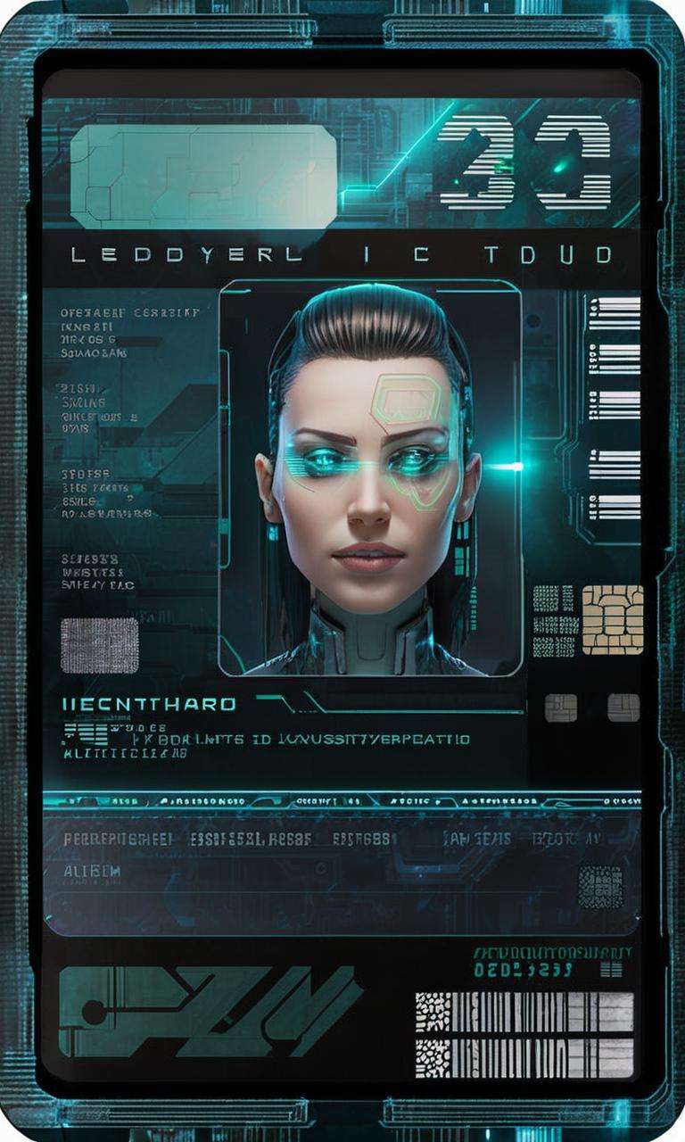 a scan of an ID , Altichiero, detailed product photo, a character portrait a woman with a futuristic face and head, new objectivity , cyberpunk style , <lora:Cyber_ID_sdxl:1.0>