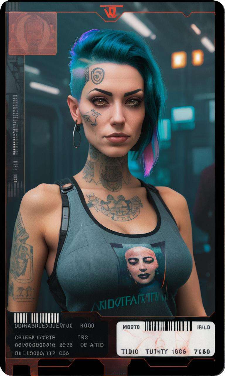 a scan of an ID , Altichiero, detailed product photo, a character portrait a woman with tattoos on her chest and a cigarette, new objectivity , cyberpunk style , <lora:Cyber_ID_sdxl:1.0>