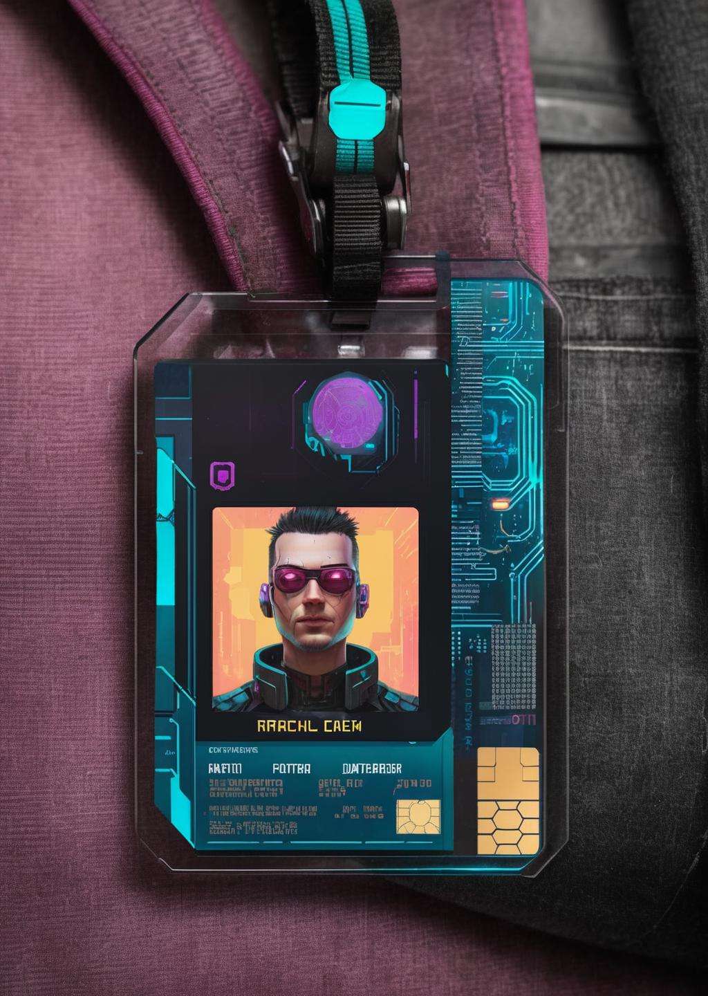 a badge ID , Altichiero, detailed product photo, a character portrait, new objectivity , cyberpunk style<lora:Cyber_ID_sdxl:1.0>