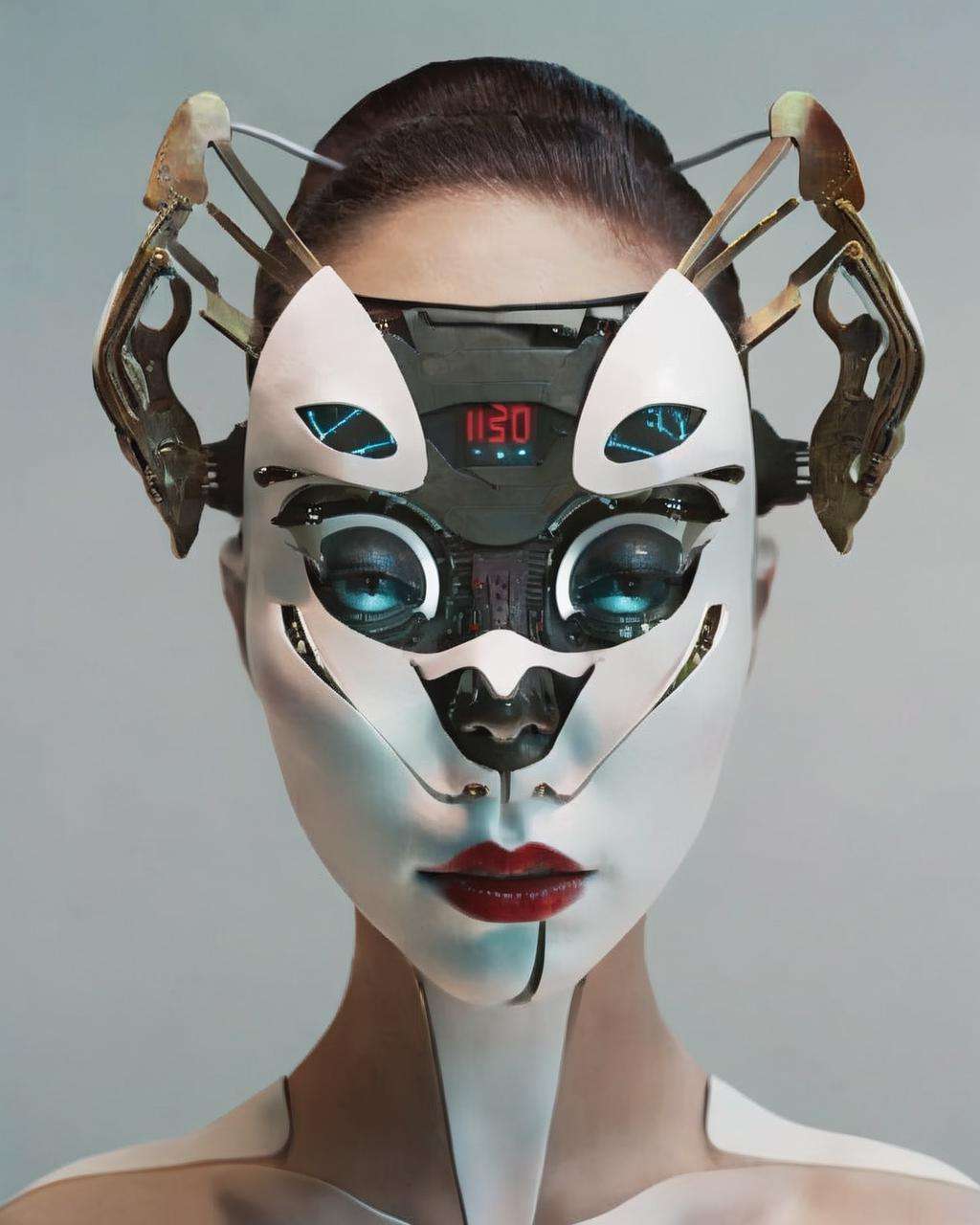 a woman with a futuristic face and headpiece<lora:Face_Robotics_sdxl:1.0>