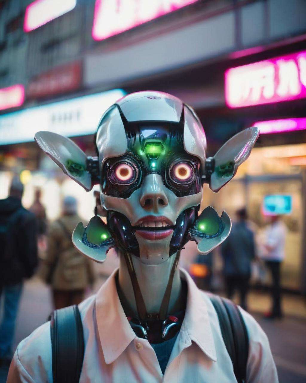 Street Photography, Urban Life, Wide Angle Lens, Everyday Moments , face robotics , cinematic, sci-fi, ((cyberpunk style)) , Electrifying , Virtual utopia , Alien flora , Cosmic energy , by Lilli Carré<lora:Face_Robotics_sdxl:1.0>