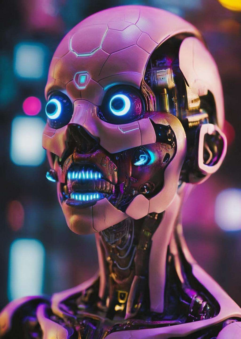 Macro Photography, Floral World, Macro Lens, Intricate Details , face robotics , cinematic, sci-fi, cyberpunk style,  Neon glow , Astral projection , Nanotech marvel , Alien nexus , by Benji Nate <lora:Face_Robotics_sdxl:1.0>