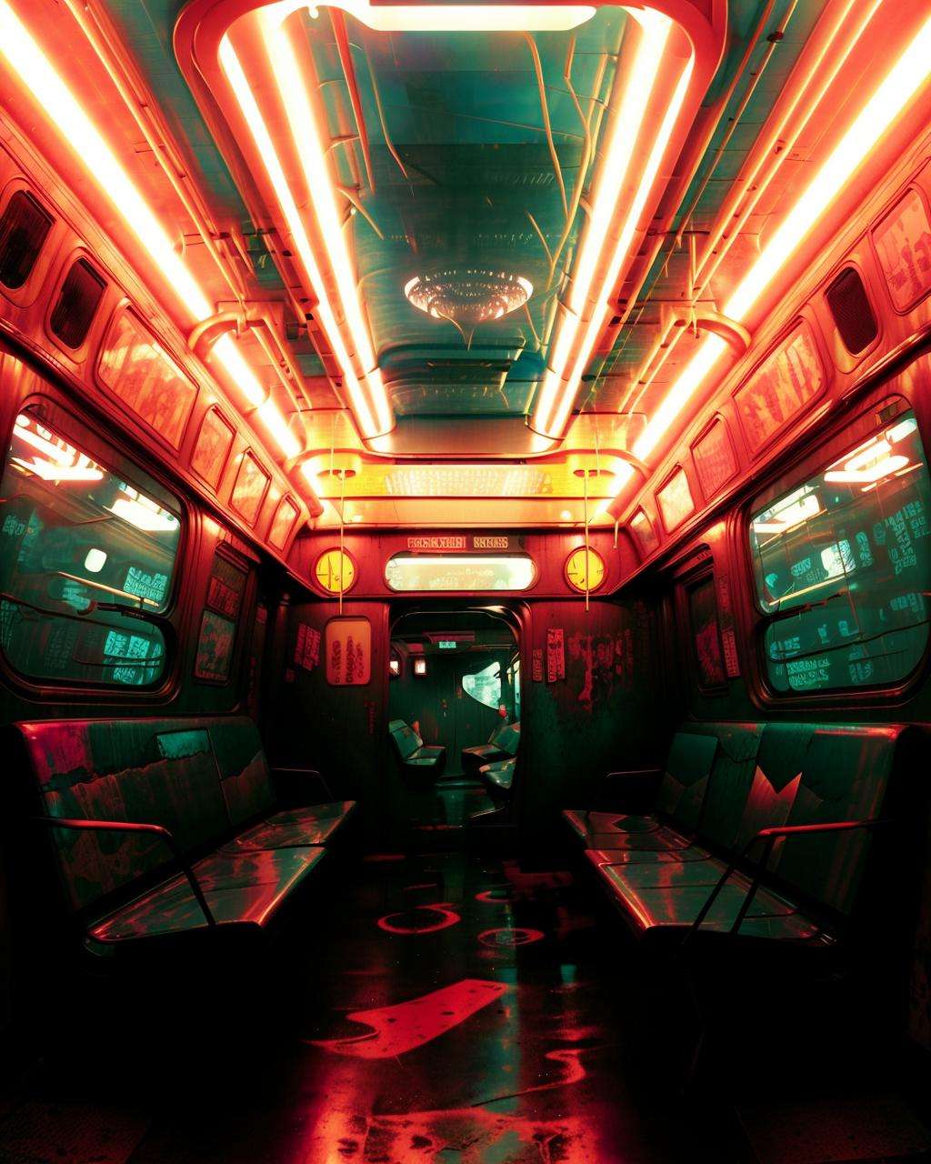 a subway car with a lot of seats and a window with a view of the city, Elsa Bleda, cyberpunk style, cyberpunk art, photorealism, -A hauntingly beautiful underwater scene, with a mermaid-like creature swimming among coral reefs and schools of fish. Realistic lighting and textures create a mesmerizing atmosphere.
