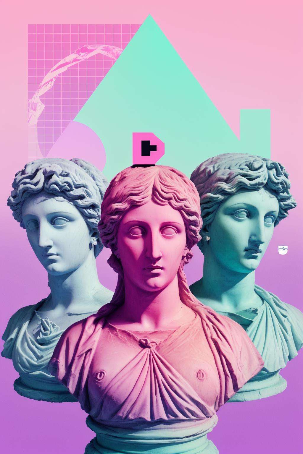 a statue with a pink triangle and a city in the background , vapor_graphic