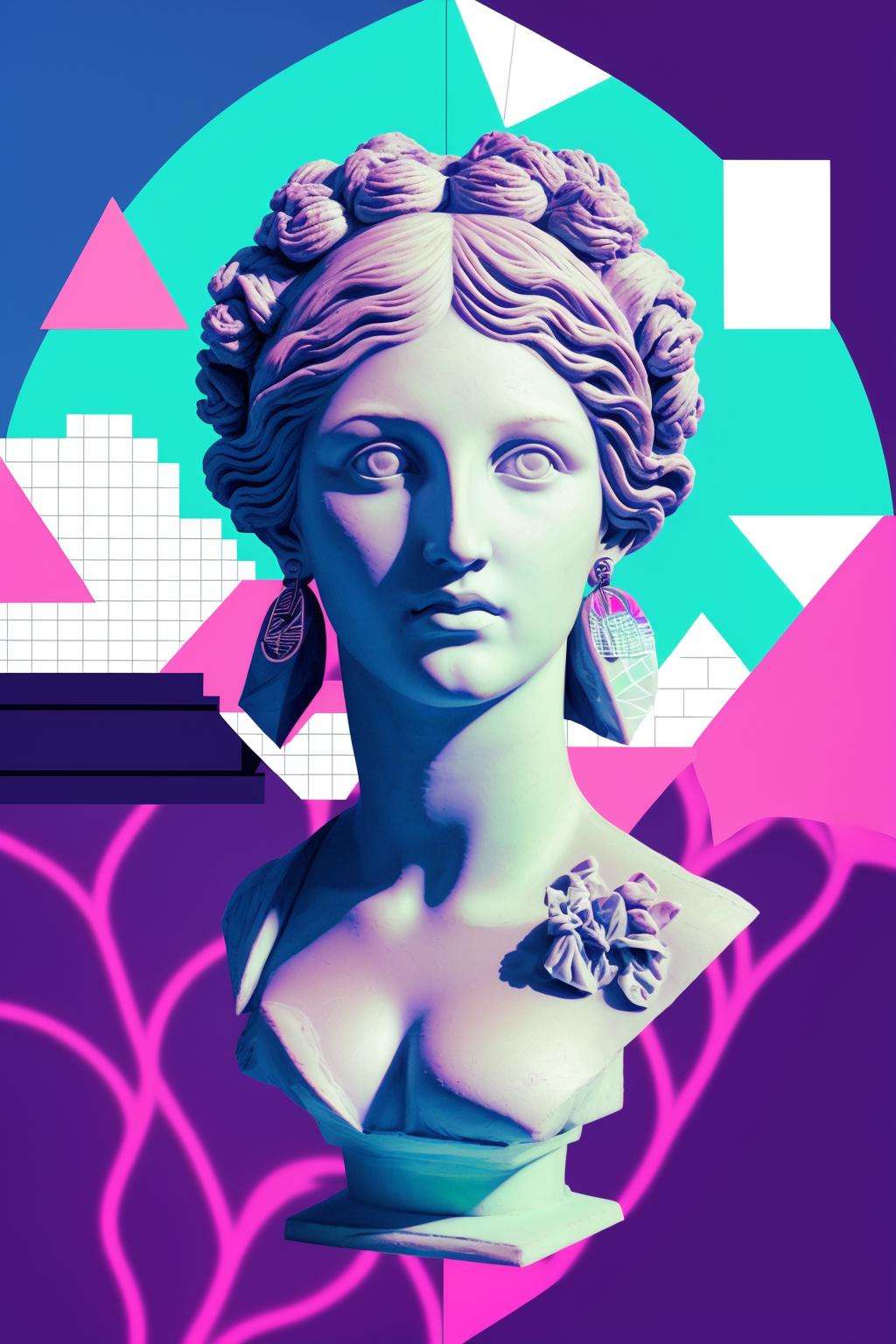 a statue of a woman with a triangle on her head , vapor_graphic