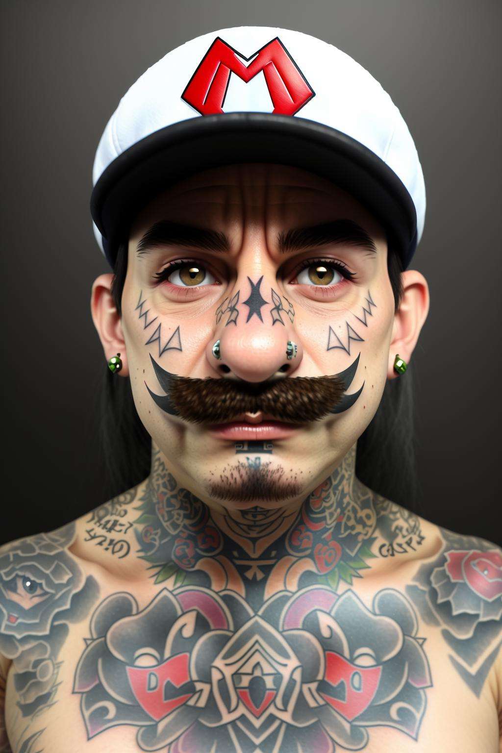 photo of person gangster with face tattoos, trap vip, real_mario , ultra realistic, detailed skin, real life