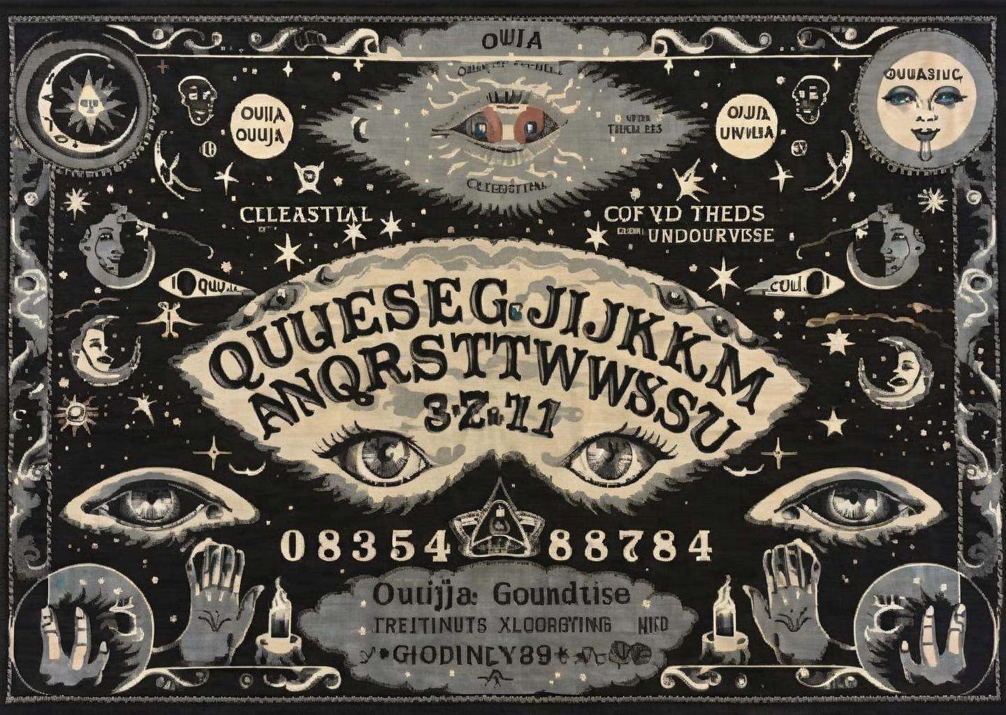 ((( ouija ))), Celestial Threads: An exploration of cosmic threads that bind Ouija tables to the tapestry of the universe, unveiling their potential as conduits for accessing celestial wisdom and insights:1.6, celestial threads:1.2, exploration:1.2, cosmic threads:1.1, Ouija tables:1.1, tapestry of the universe:1.1, potential as conduits:1.1, accessing celestial wisdom:1.1, insights:1.1.<lora:Ouija_sdxl:1.0>