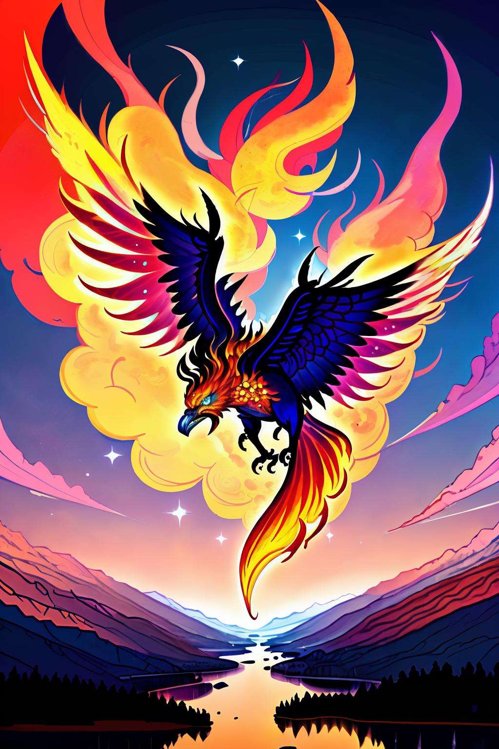 A mythical phoenix, wings spread wide, rising from the ashes in a burst of flames and glory, captured in a vivid and fiery digital artwork that embodies the spirit of rebirth and transformation. , Soulful_Aesthetics