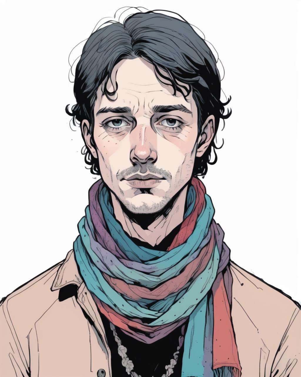 a man with a scarf around his neck<lora:Soulful_Aesthetics_sdxl:1.0>