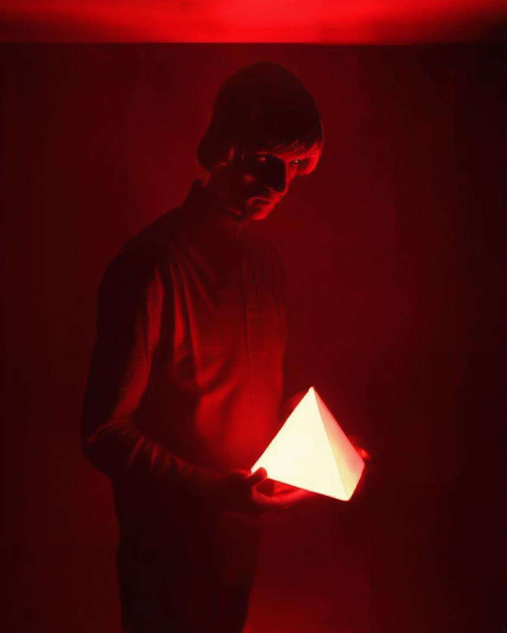 (  beyond_the_black_rainbow ) ,  a person standing in the dark holding a light pyramid in their hands with a red light shining on them, Bedwyr Williams ,1boy, glowing, gradient, male_focus, muscular, red_background, red_theme, solo<lora:beyond_the_black_rainbow-sdxl:1.0>