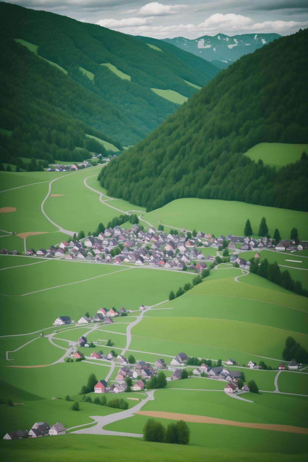 a green field with a small town in the middle , outdoors, sky, day, cloud, tree, no humans, building, nature, scenery, forest, mountain, road, house, landscape, hill, town 