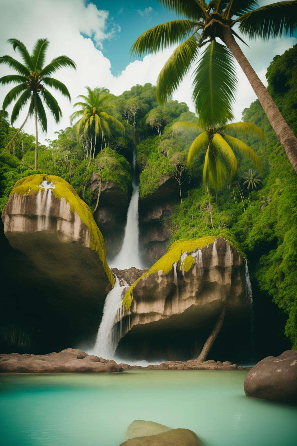 a waterfall in a tropical jungle with a rock formation , outdoors, sky, day, water, tree, no humans, sunlight, nature, scenery, rock, palm tree, waterfall 