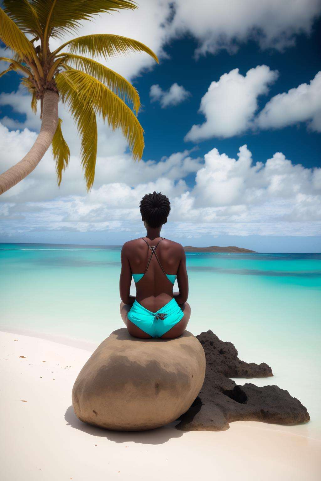 a woman sitting on a rock on a beach , 1girl, solo, short hair, black hair, sitting, outdoors, sky, day, cloud, dark skin, water, from behind, tree, blue sky, ocean, beach, scenery, sand, palm tree, horizon, facing away 