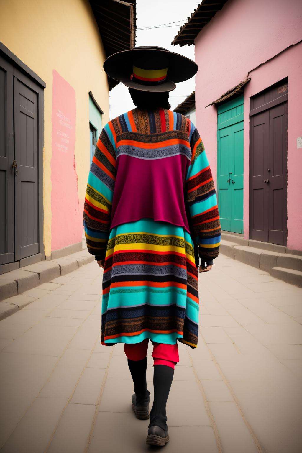 a woman in a colorful dress and hat walking down a street , solo, looking at viewer, black hair, long sleeves, 1boy, hat, standing, full body, male focus, outdoors, ground vehicle, walking 