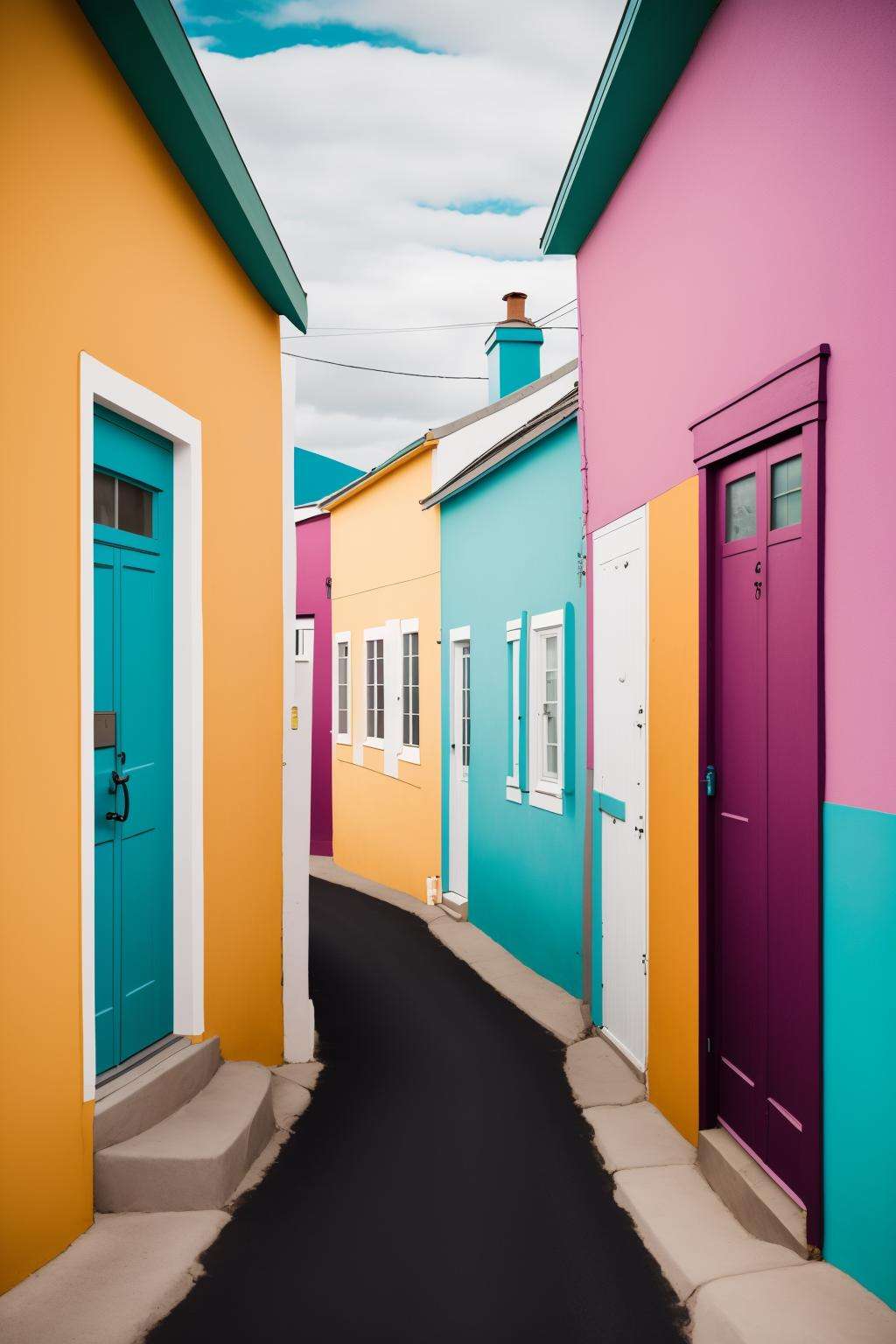 a narrow street lined with colorful houses on either side of a road , outdoors, sky, day, no humans, window, shadow, building, scenery, door, road, street 