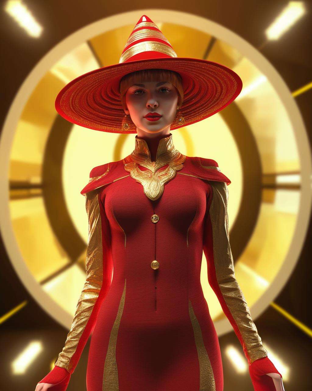 a woman in a red and gold outfit and a hat , cyb-3d-art<lora:cyb-3d-art_sdxl:1.0>