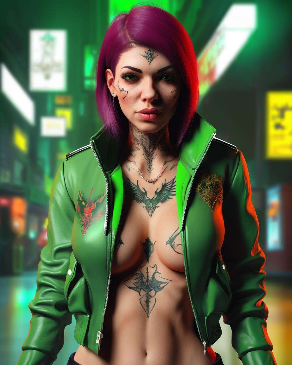 a woman with a tattoo on her chest and a green jacket , cyb-3d-art<lora:cyb-3d-art_sdxl:1.0>