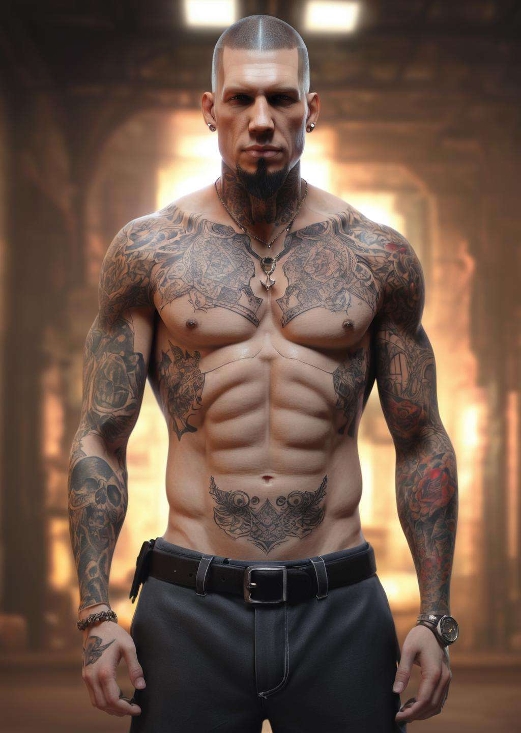 a man with tattoos on his chest and arms , cyb-3d-art<lora:cyb-3d-art_sdxl:1.0>