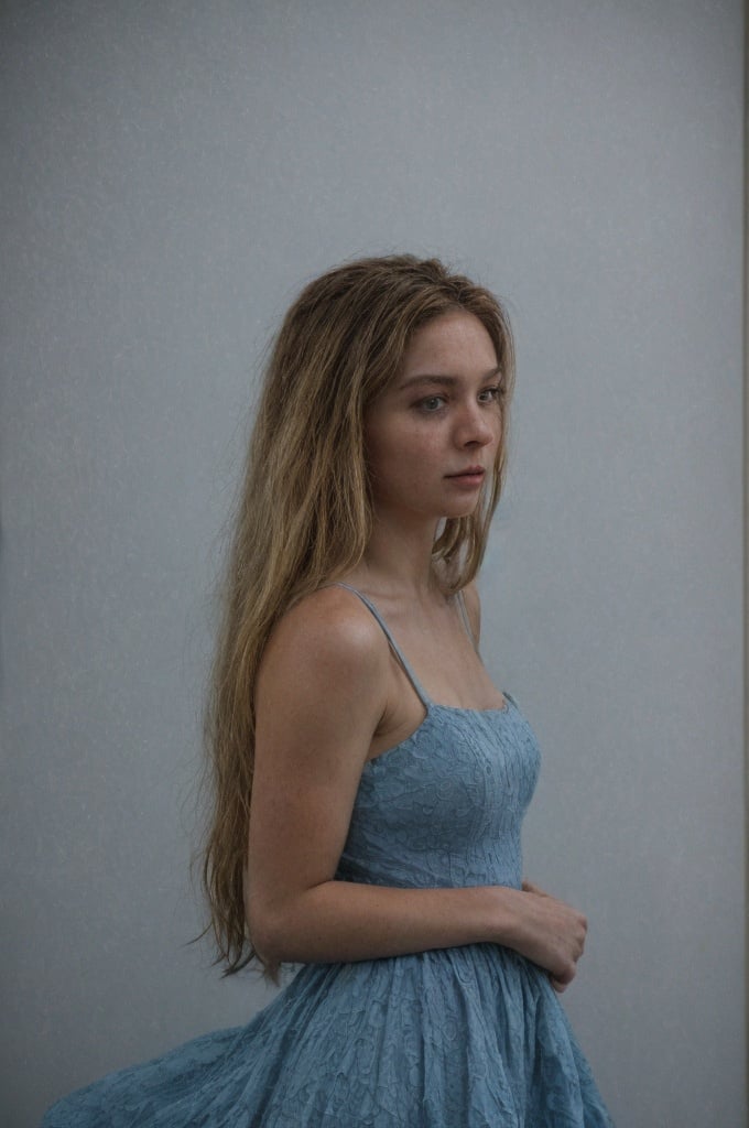 masterpiece, a cinematic photograph of a beautiful woman wearing a blue dress, beautiful eyes