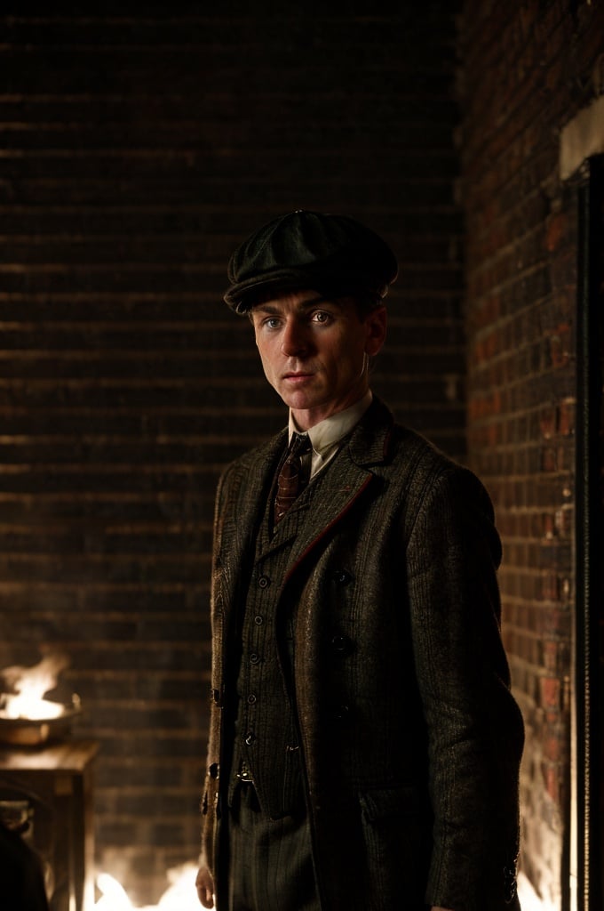 color photo of "Peaky Blinders"
A gritty portrait of the Shelby family, their faces masked by shadows, showcasing their sharp suits, flat caps, and fierce expressions. The scene is set in the dimly lit streets of Birmingham, with smoke billowing from factory chimneys and cobblestone roads. The atmosphere is tense, with a hint of danger lingering in the air. The camera captures the essence of the 1920s era, bringing to life the roaring spirit of the Peaky Blinders. The photo is captured with a vintage Leica M3 camera, using Kodak Portra 400 film to enhance the rich colors and tones. The lens used is a 50mm f/1.4, allowing for a shallow depth of field and dramatic focus on the characters. Directed by Martin Scorsese, cinematography by Roger Deakins, photography by Annie Leibovitz, and fashion design by Alexander McQueen