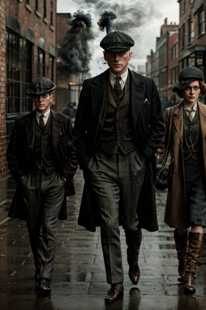 color photo of "Peaky Blinders"
A gritty portrait of the Shelby family, their faces masked by shadows, showcasing their sharp suits, flat caps, and fierce expressions. The scene is set in the dimly lit streets of Birmingham, with smoke billowing from factory chimneys and cobblestone roads. The atmosphere is tense, with a hint of danger lingering in the air. The camera captures the essence of the 1920s era, bringing to life the roaring spirit of the Peaky Blinders. The photo is captured with a vintage Leica M3 camera, using Kodak Portra 400 film to enhance the rich colors and tones. The lens used is a 50mm f/1.4, allowing for a shallow depth of field and dramatic focus on the characters. Directed by Martin Scorsese, cinematography by Roger Deakins, photography by Annie Leibovitz, and fashion design by Alexander McQueen