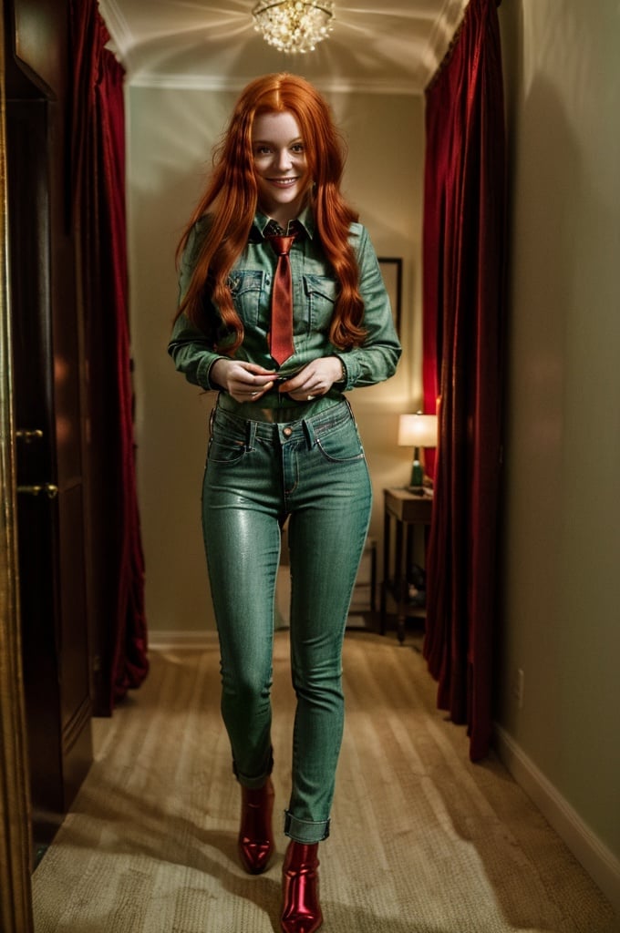 masterpiece, 8K, realistic, photo-realistic,1girl, (long shiny red hair:1.2), smile, green eyes, ginger, 20 yo, young, tie, bedroom,(jeans, suit:1), professional lighting, , sfw